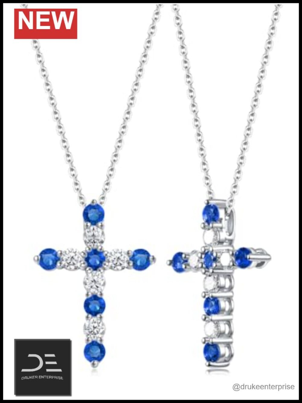 Moissanite Sapphire Cross Necklace Solid 925 Sterling Silver Pendant